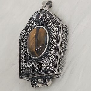 Tiger’s Eye Filigree Locket Pendant | Silver Tone | Boho Vintage Style Crystal